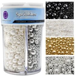 Metallic Pearl Sprinkles Mix – Gold, Silver, White & Black Edible Pearls for Cake Decorating, Perfect for Cakes & Desserts